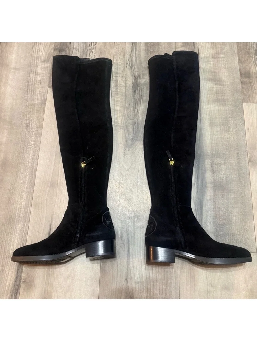 Tory Burch Over The Knee Boots Womens 7 Black Suede Leather Logo Riding Boots
